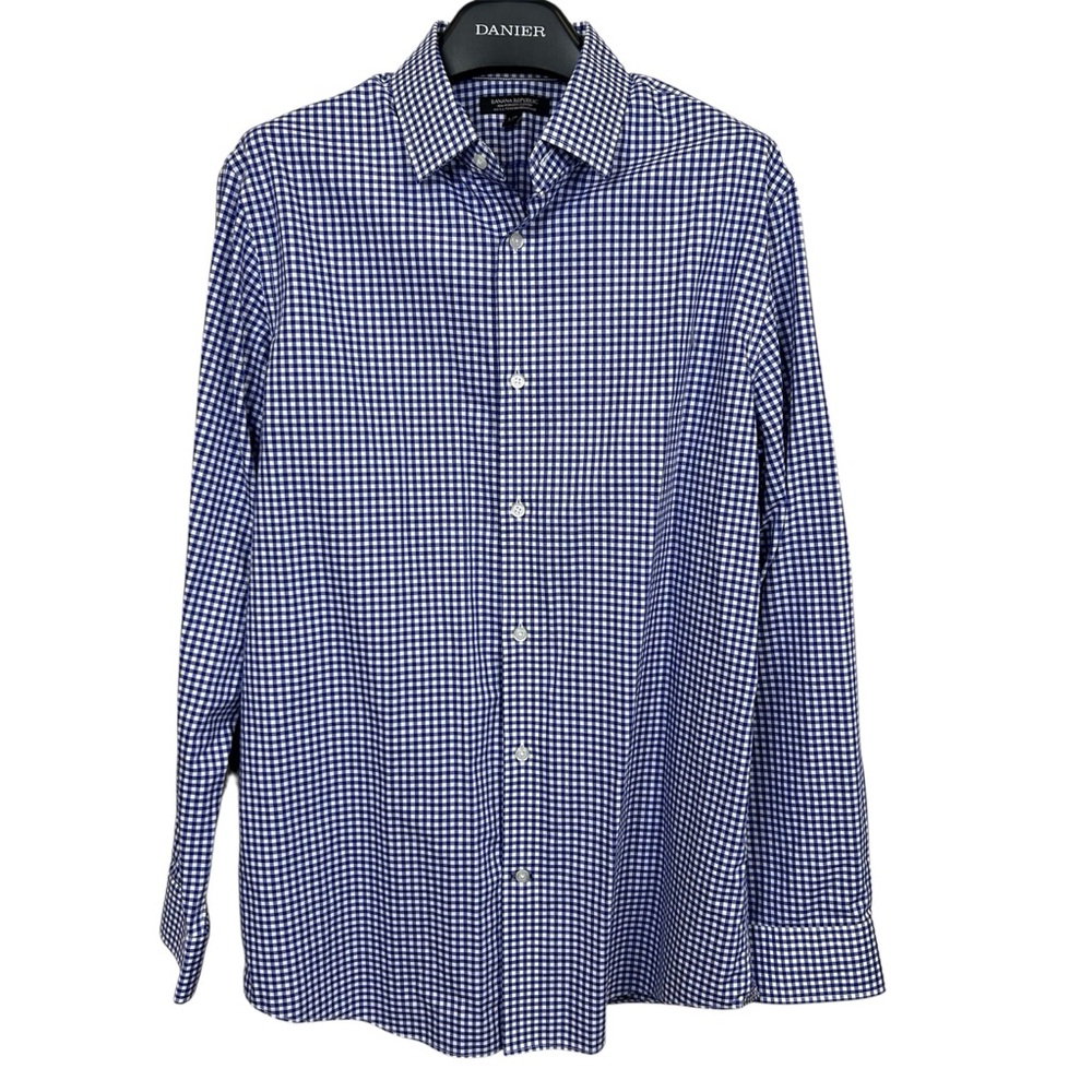 Banana Republic Shirt Men L Cotton Long Sleeve Non Iron Slim Fit blue‎ checkered